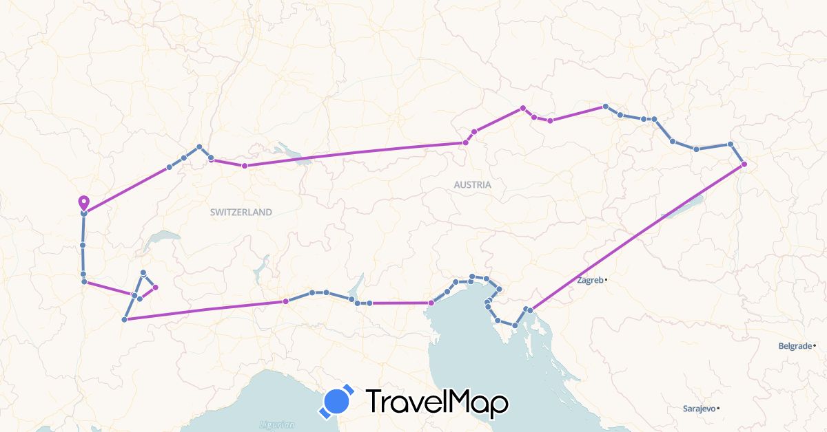 TravelMap itinerary: driving, cycling, train in Austria, Switzerland, France, Croatia, Hungary, Italy, Slovakia (Europe)